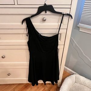Bebe black cocktail dress, fit and flare, one shoulder, VGUC, medium